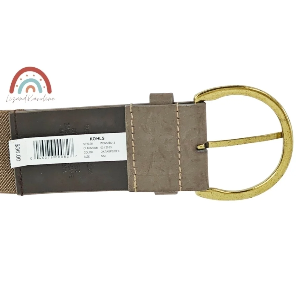 New! Faux Leather Wide Brass Buckle Stretchy Dark Taupe Belt S/M